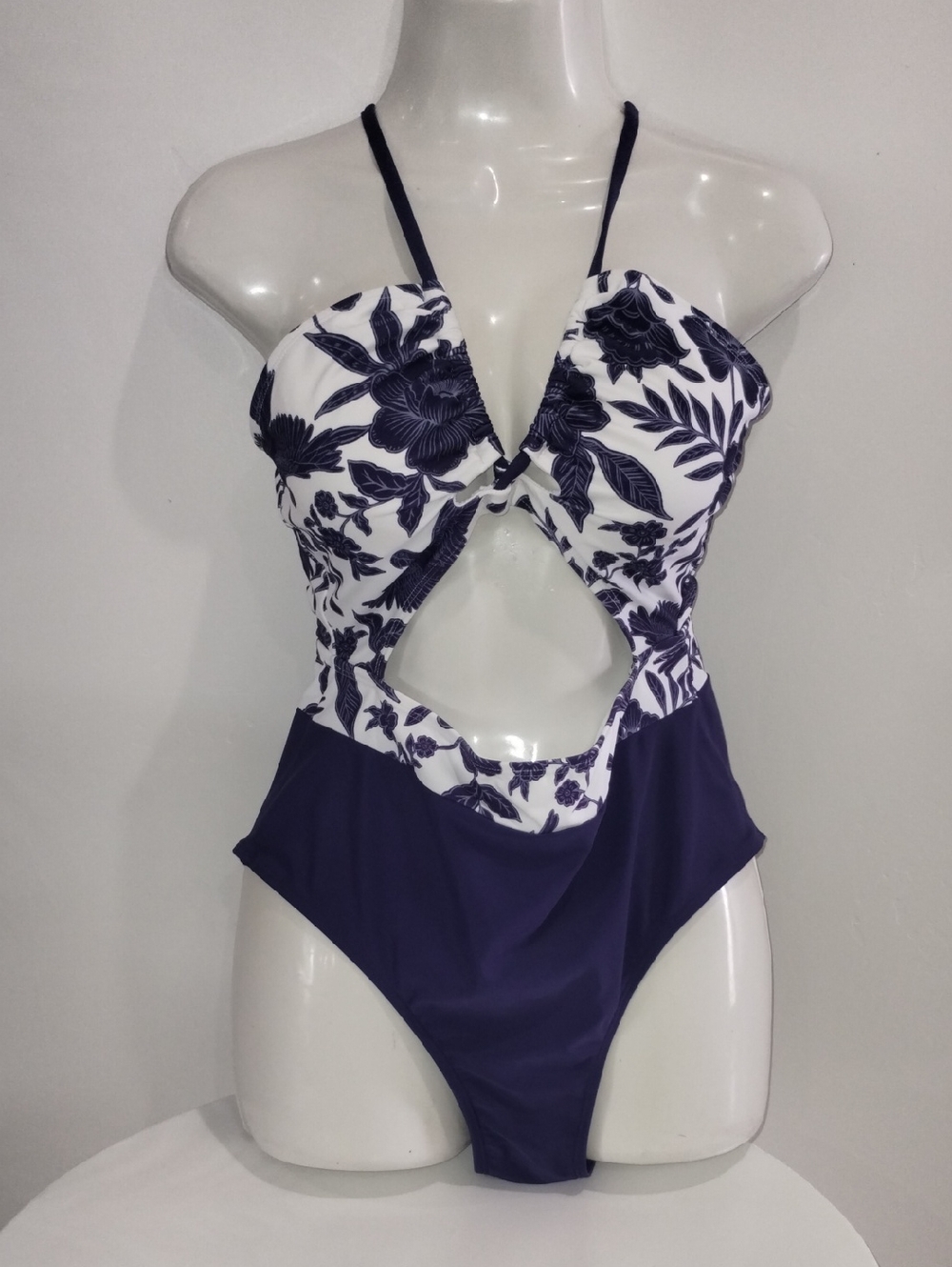 Navy And White Floral One- Piece With a Center Cutout